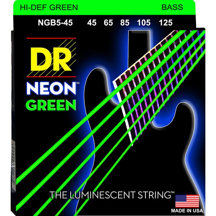 DR Neon Green 5-String Bass Guitar Strings with K3 Coated Medium Bass Strings - GuitarPusher