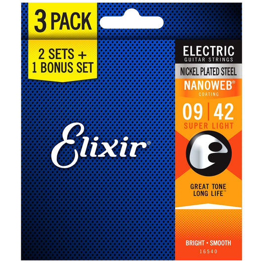 Elixir Electric Nickel Plated Steel Electric Guitar Strings with Nanoweb Coating - Super Light (9 11 16 24 32 42) 3-Pack