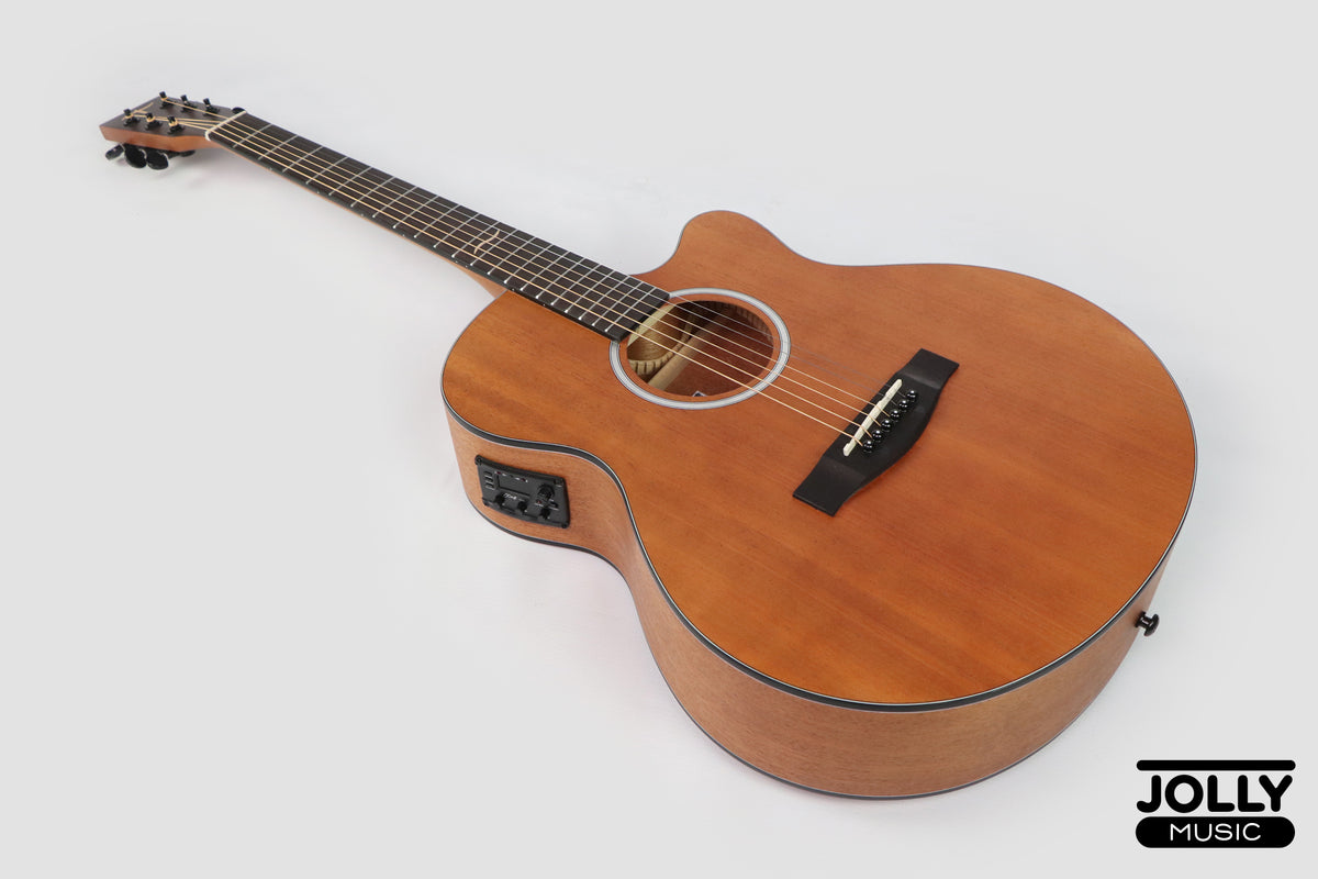 JCraft Troubadour TF-10MCE Small Jumbo All-Mahogany Acoustic-Electric Guitar with soft case