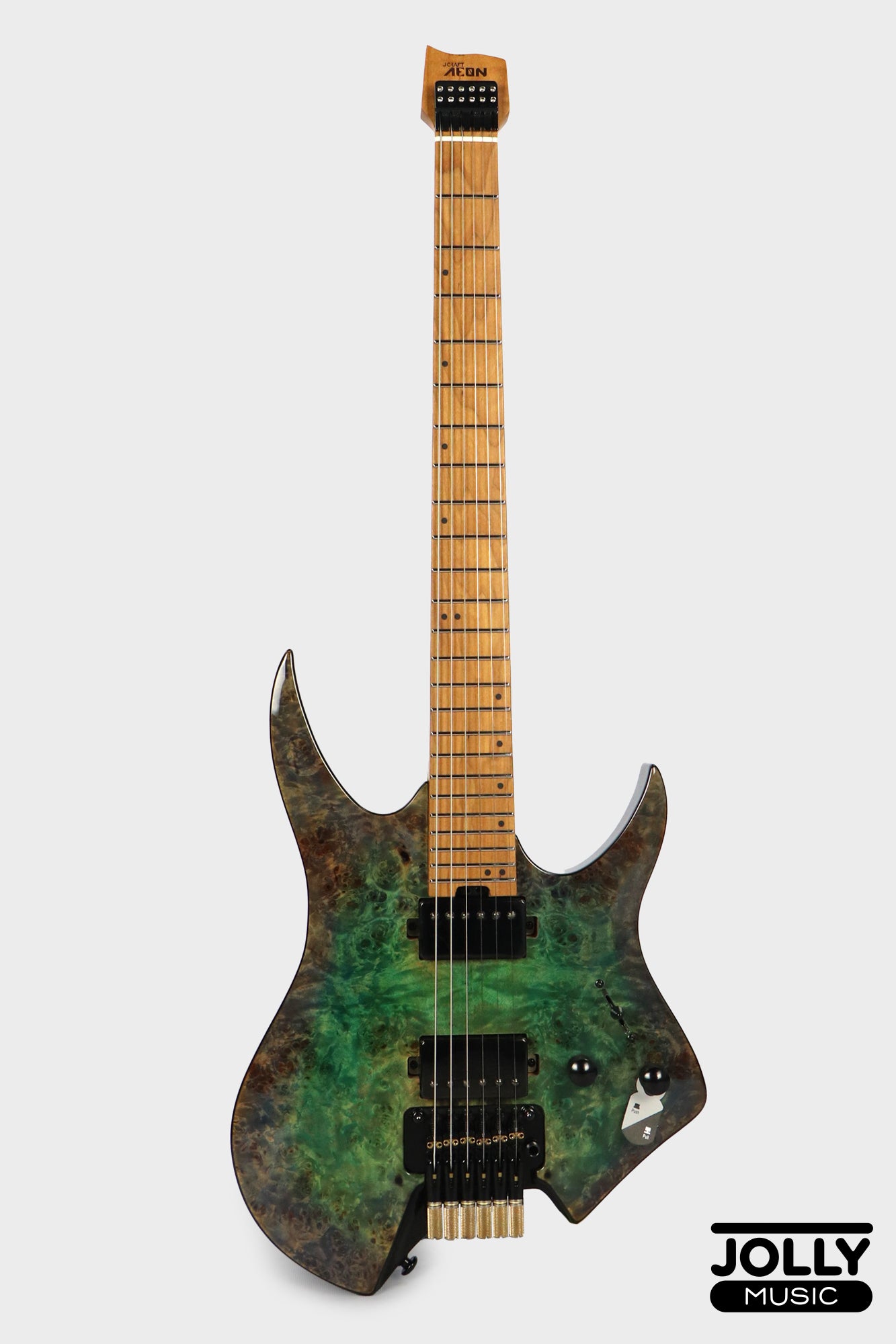 Jcraft Aeon Flame Top Headless Electric Guitar Locking Tremolo Stainless HTR-3 - Burl Special Finish