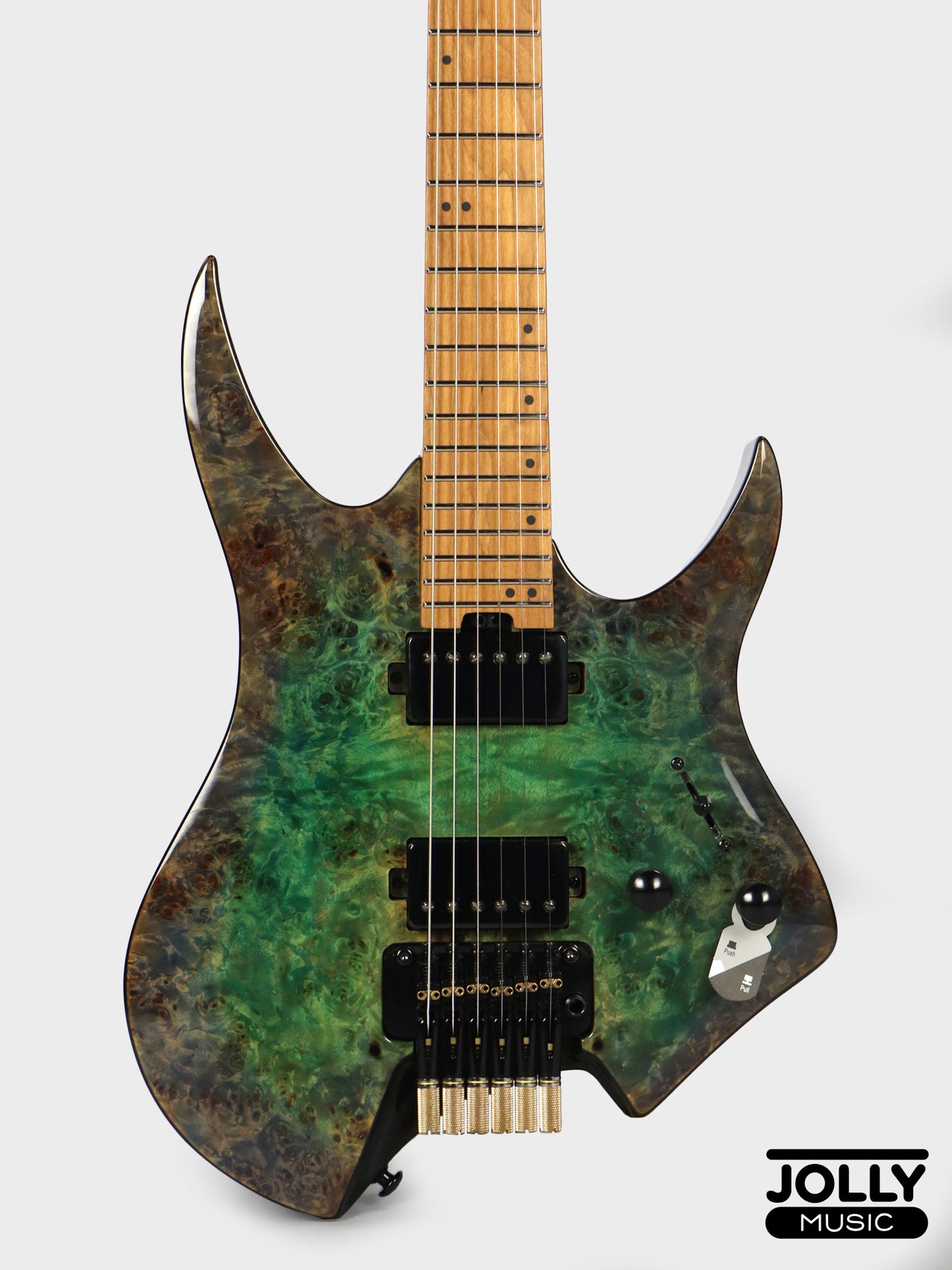 Jcraft Aeon Flame Top Headless Electric Guitar Locking Tremolo Stainless HTR-3 - Burl Special Finish