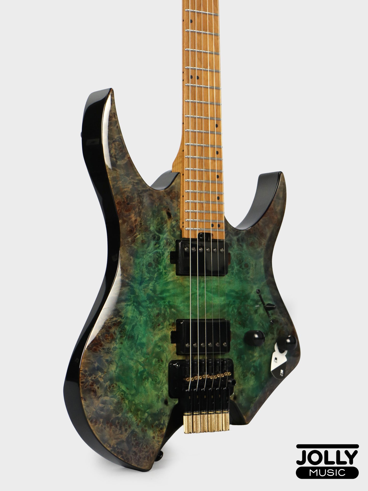 Jcraft Aeon Flame Top Headless Electric Guitar Locking Tremolo Stainless HTR-3 - Burl Special Finish