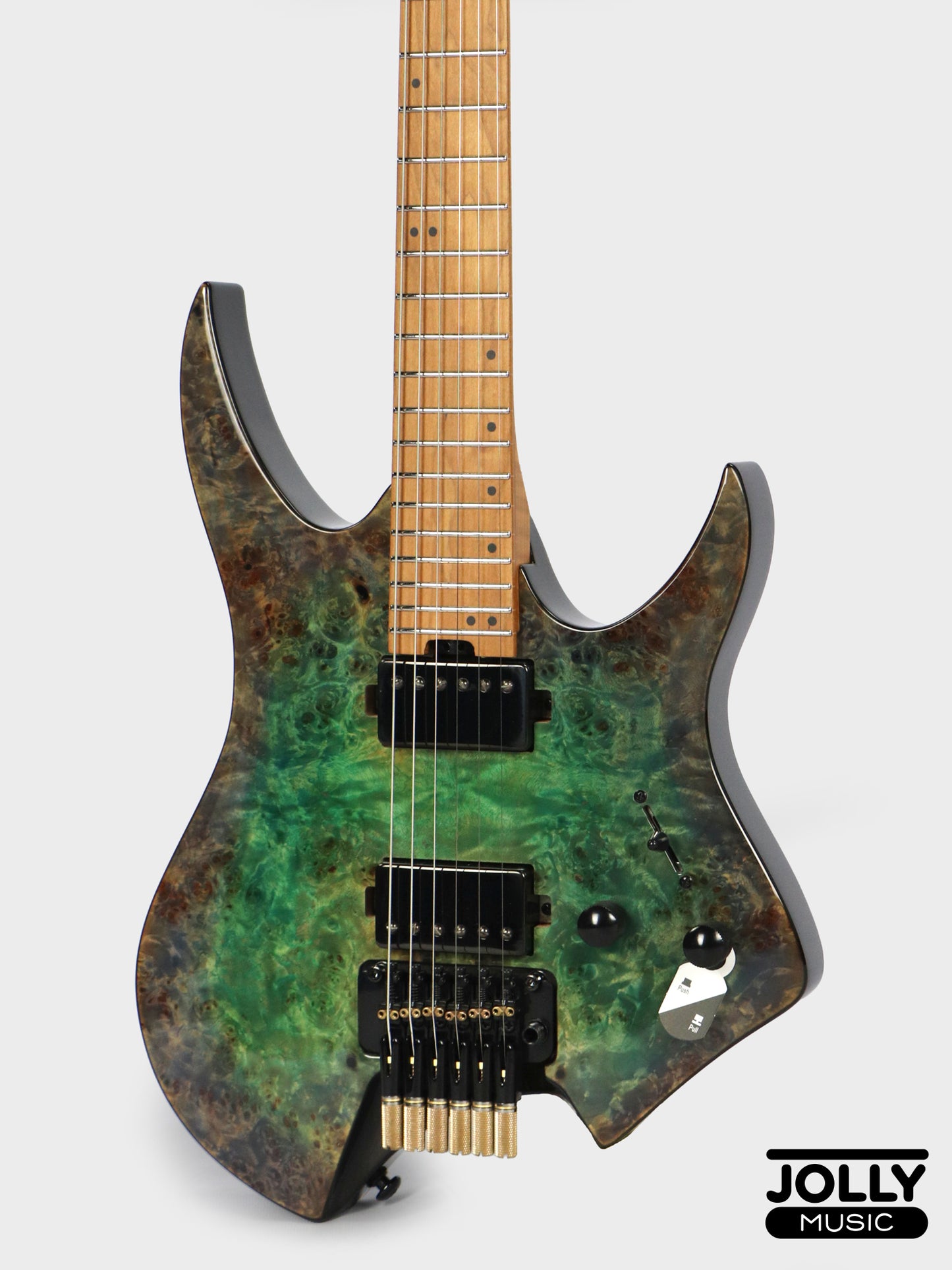 Jcraft Aeon Flame Top Headless Electric Guitar Locking Tremolo Stainless HTR-3 - Burl Special Finish