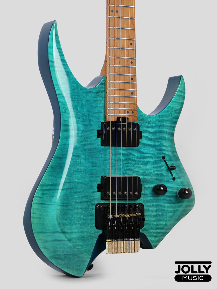 JCraft Aeon Flame Top Headless Electric Guitar Locking Tremolo Stainless HTR-3 - Flame Blue (Veneer)