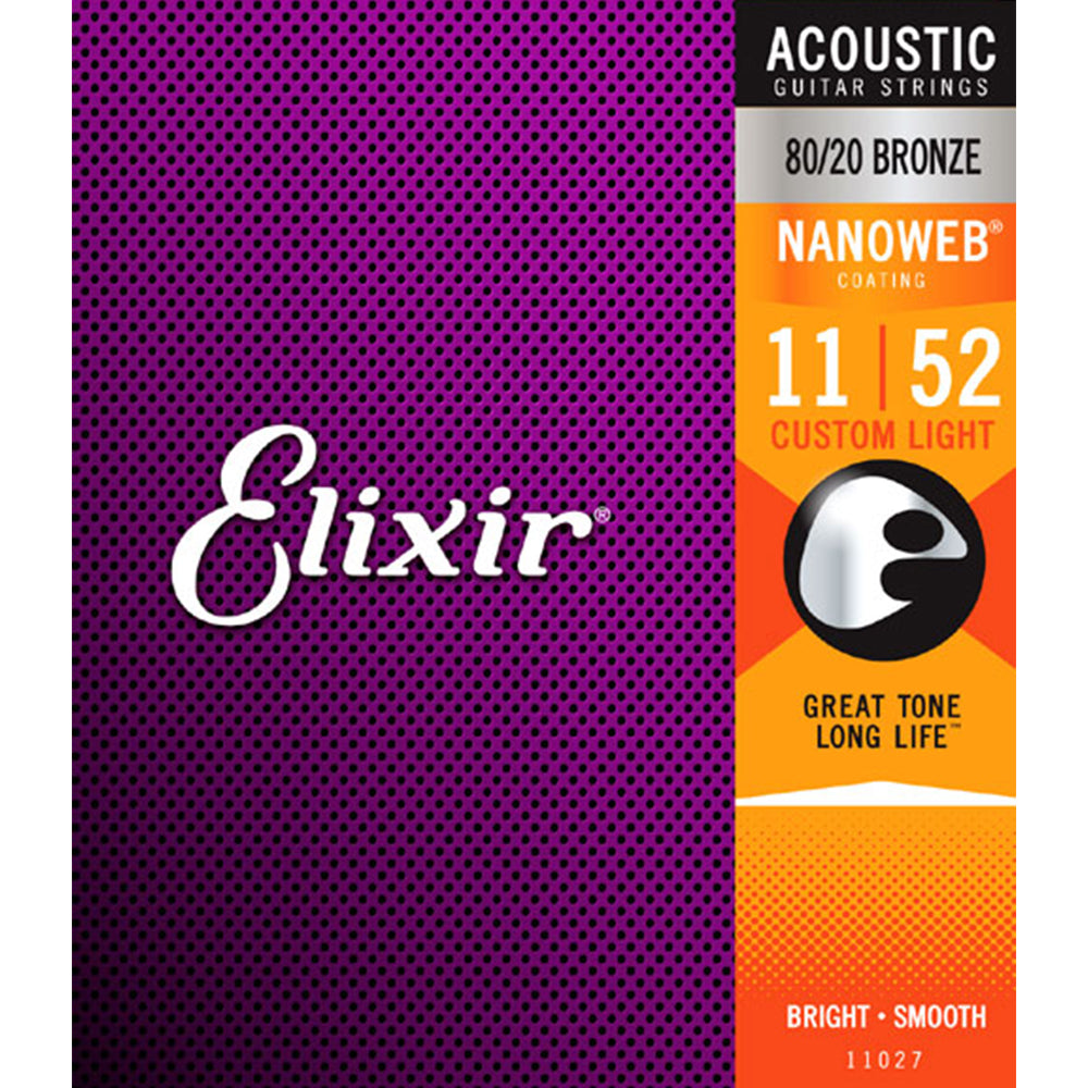 Elixir Acoustic 80/20 Bronze Acoustic Guitar Strings with Nanoweb Coating - Custom Light (11 15 22 32 42 52)