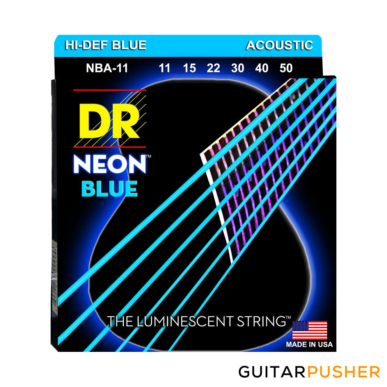DR NBA-11 Hi-Def NEON Blue K3 Coated Custom Light Acoustic Guitar Strings 11-50 (11 15 22 30 40 50)