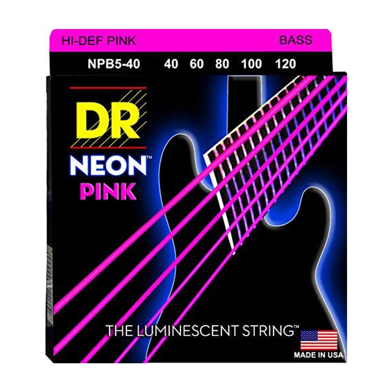 DR NPB5-40 Hi-Def NEON Pink 5-String K3 Coated Light Bass Strings 40-1 ...