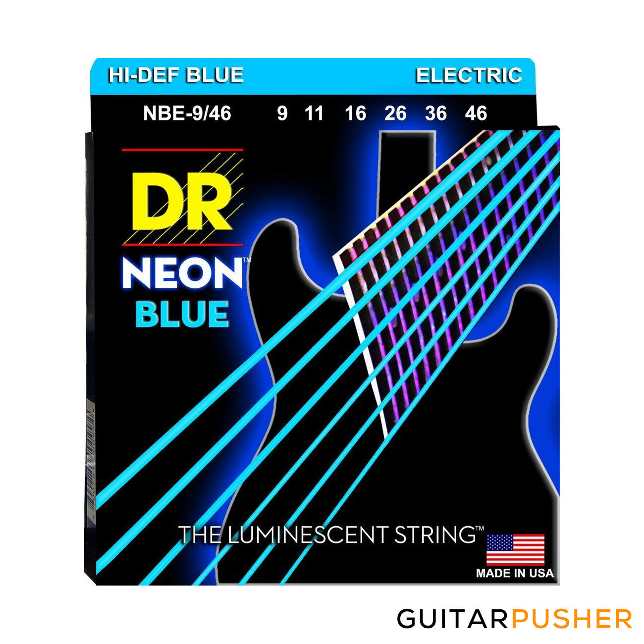 DR NBE-9 Hi-Def NEON Blue K3 Coated Light Electric Guitar Strings 9-42 (9 11 16 24 32 42)