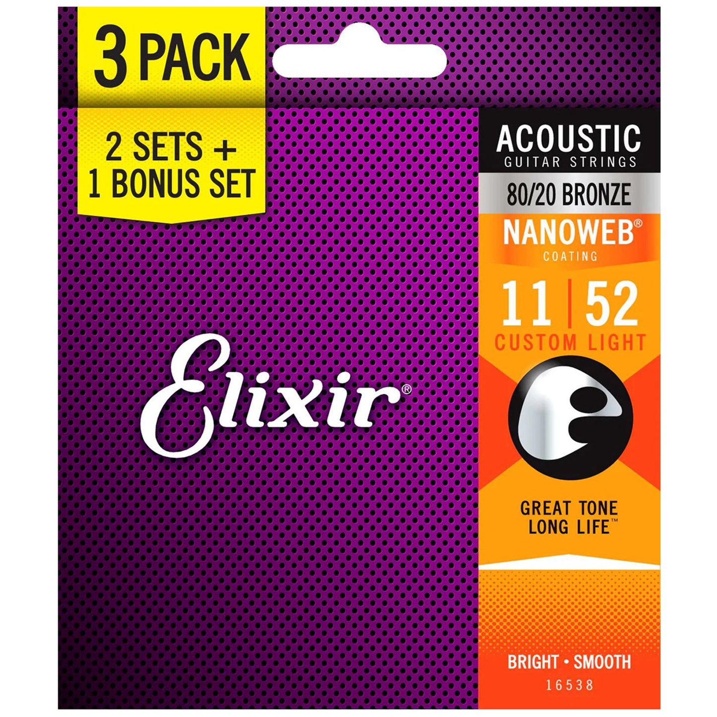 Elixir Acoustic 80/20 Bronze Acoustic Guitar Strings with Nanoweb Coating - Custom Light (11 15 22 32 42 52) 3-Pack