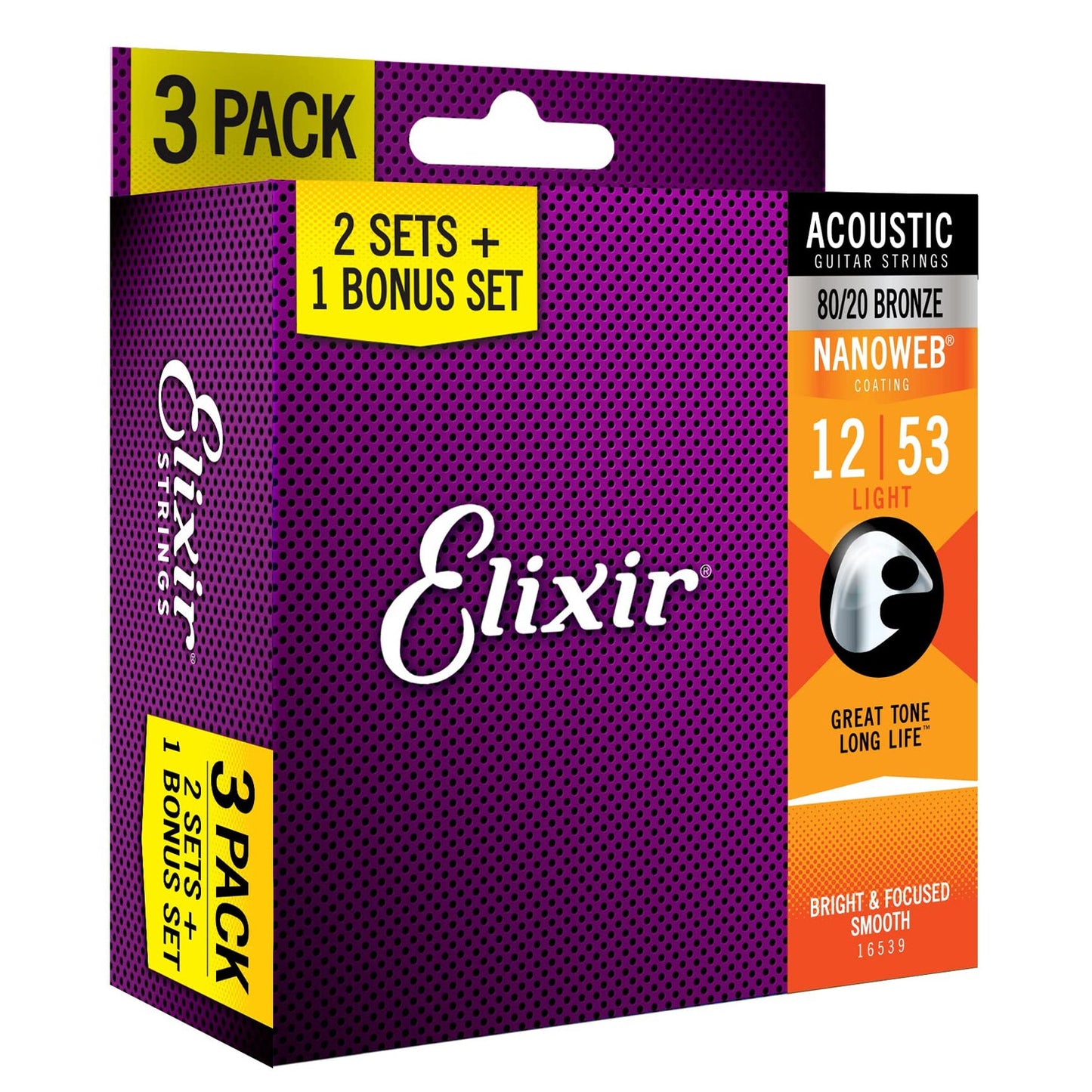 Elixir Acoustic 80/20 Bronze Acoustic Guitar Strings with Nanoweb Coating - Light (12 16 24 32 42 53) 3-Pack