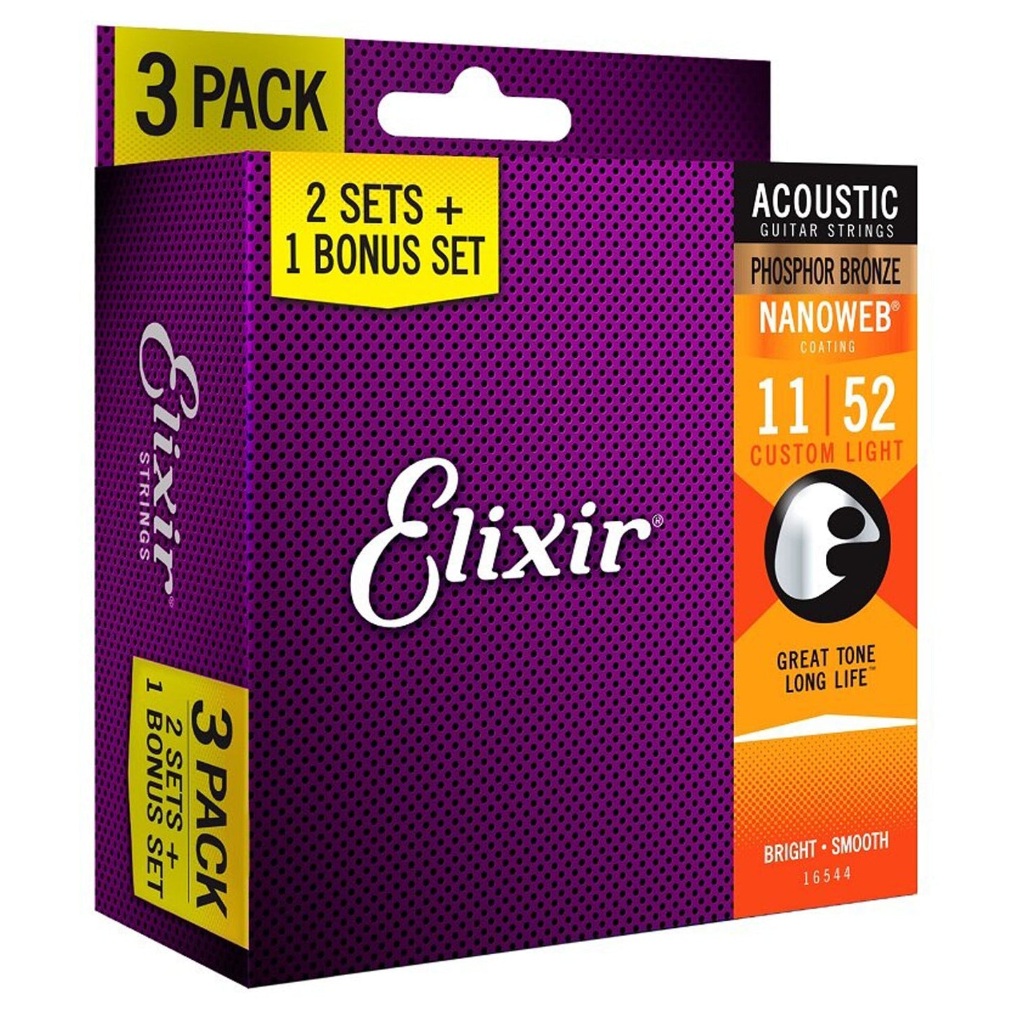 Elixir Acoustic Phosphor Bronze Acoustic Guitar Strings with Nanoweb Coating - Custom Light (11 15 22 32 42 52) 3-Pack