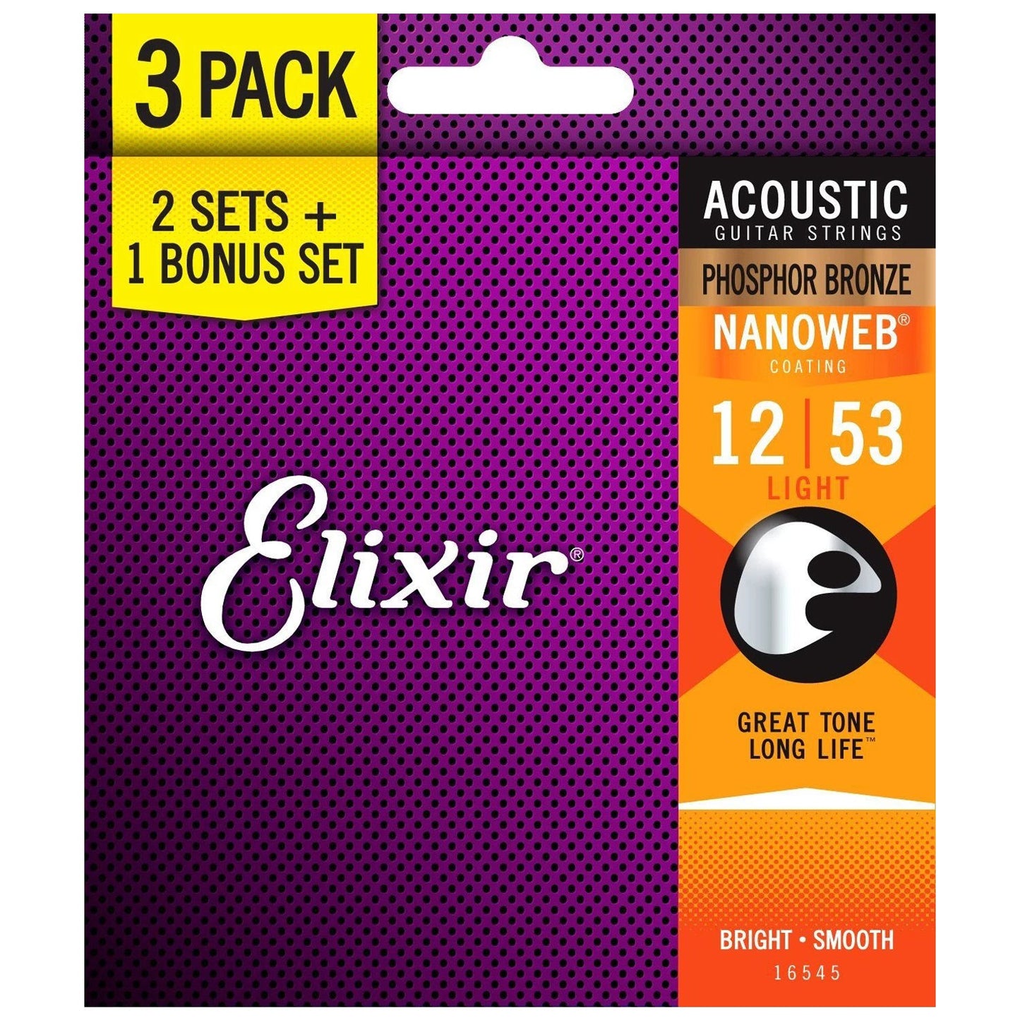 Elixir Acoustic Phosphor Bronze Acoustic Guitar Strings with Nanoweb Coating - Light (12 16 24 32 42 53) 3-Pack