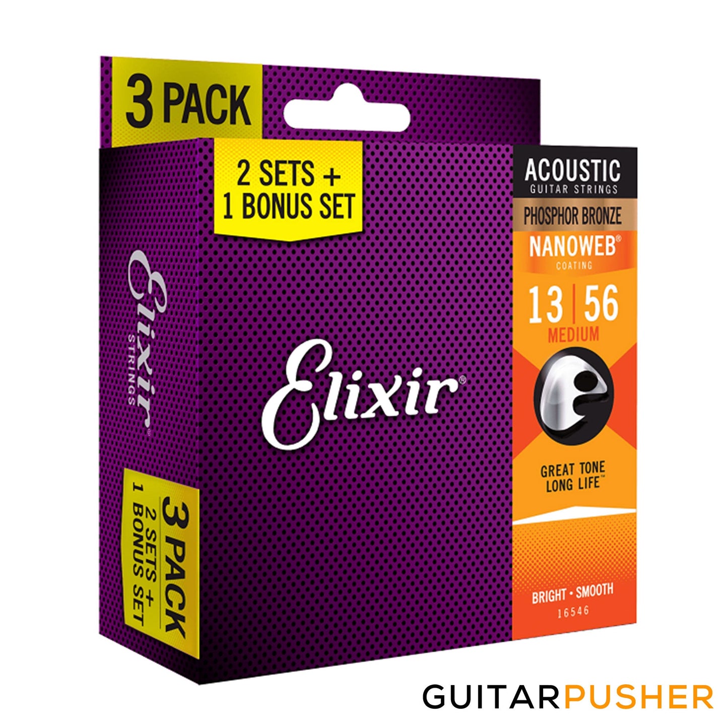 Elixir Acoustic Phosphor Bronze Acoustic Guitar Strings with Nanoweb Coating - Medium (13 17 26 35 45 56) 3-Pack