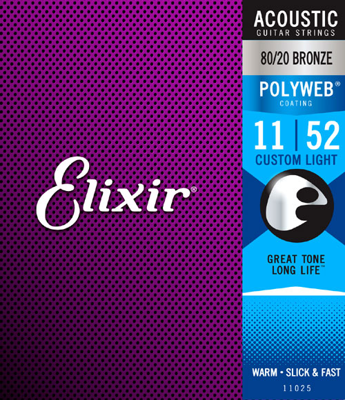 Elixir Acoustic 80/20 Bronze Acoustic Guitar Strings with Polyweb Coating - Custom Light (11 15 22 32 42 52)