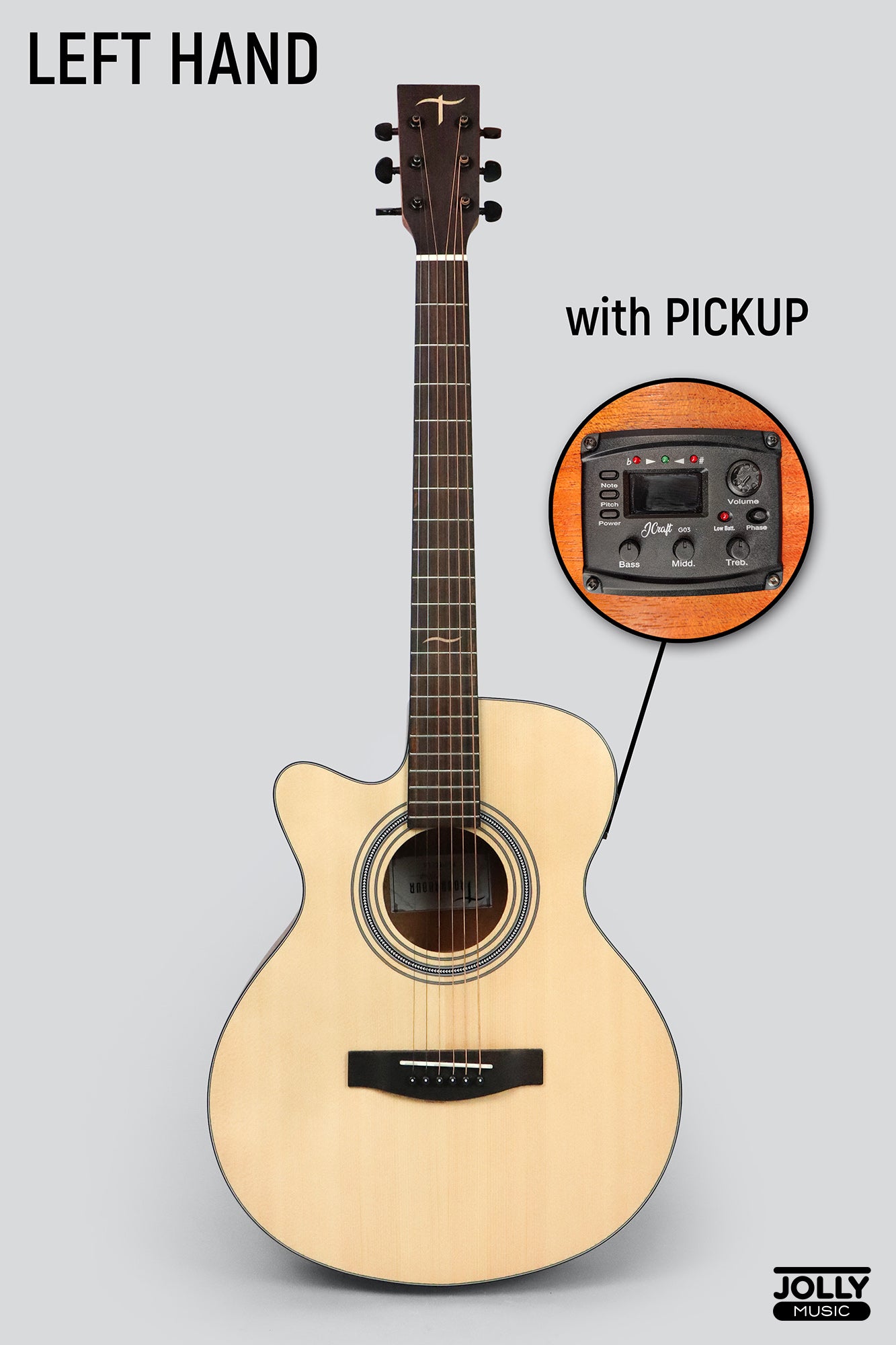 JCraft Troubadour TS-216CE Left Hand Solid Top Cutaway Acoustic Guitar with Pickups and Gigbag