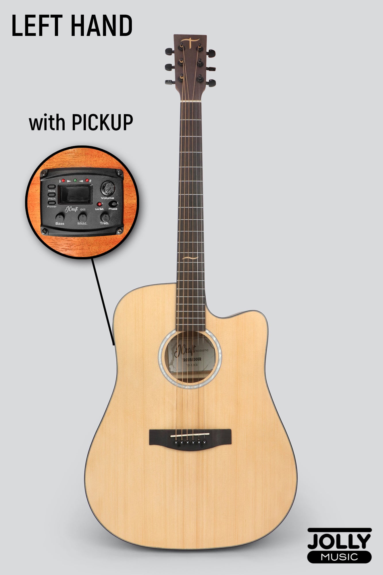 JCraft Troubadour TD-10CE LH Dreadnought Acoustic-Electric Cutaway Guitar with pickup and soft case LEFT HAND