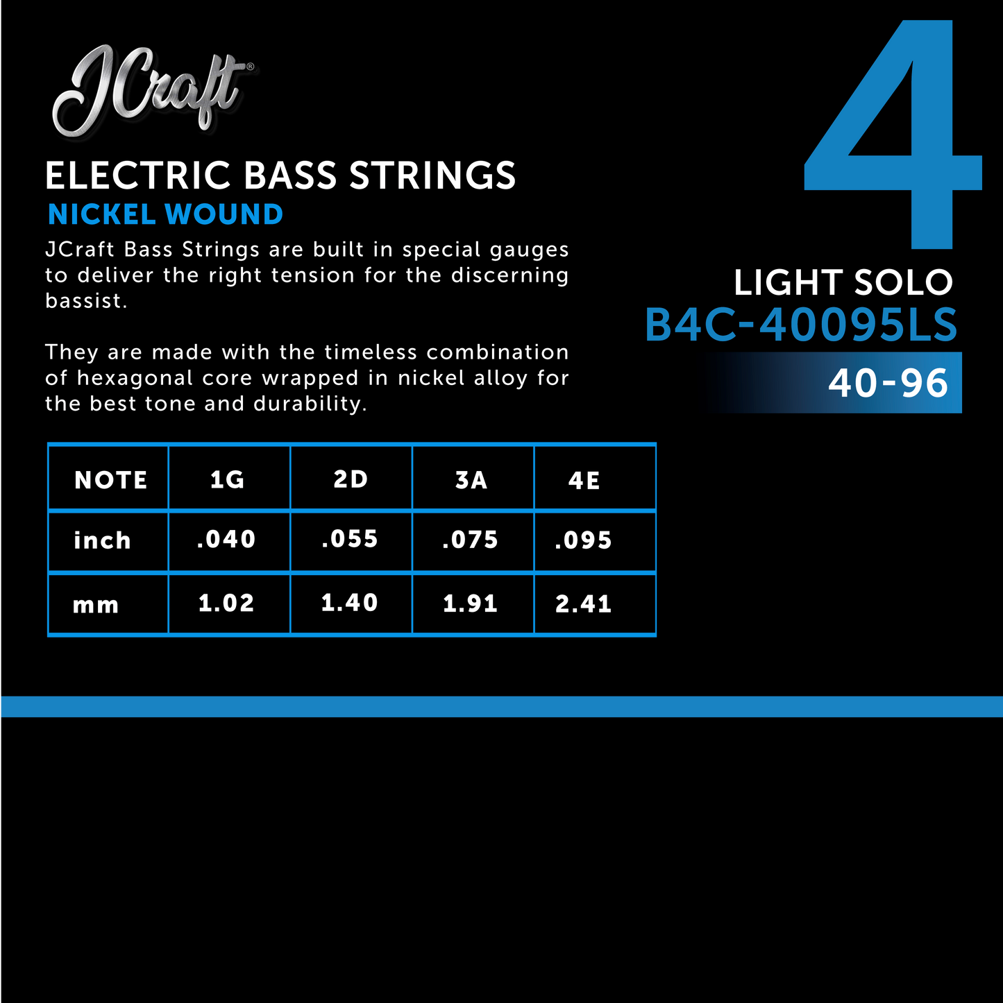 JCraft Regular Light 4-String Electric Bass Guitar String 40-95